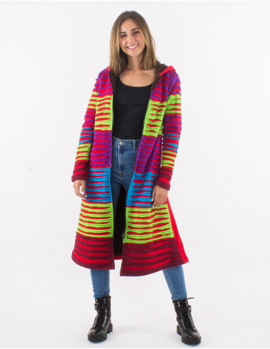 Knitted cotton patchwork hooded coat with polar lining