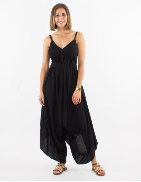 Combi longue viscose unie bretelles bas foulard