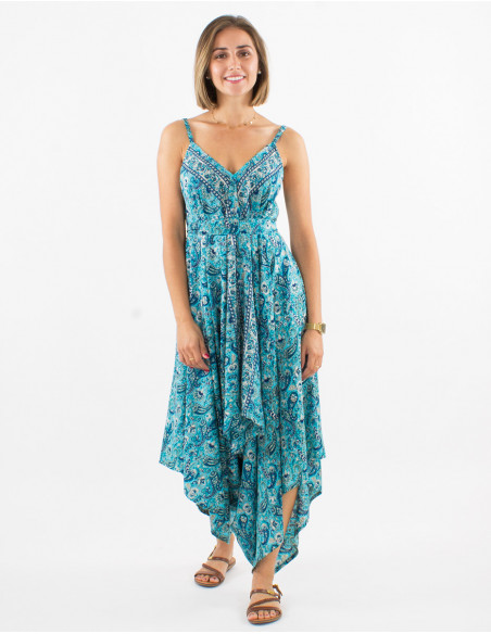 Long polyester jumpsuit with straps and silvery cachemire print