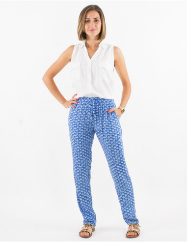 Viscose elastic belt pants with arabesque print