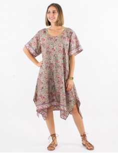 Robe polyester manches courtes sari argenté imprimé