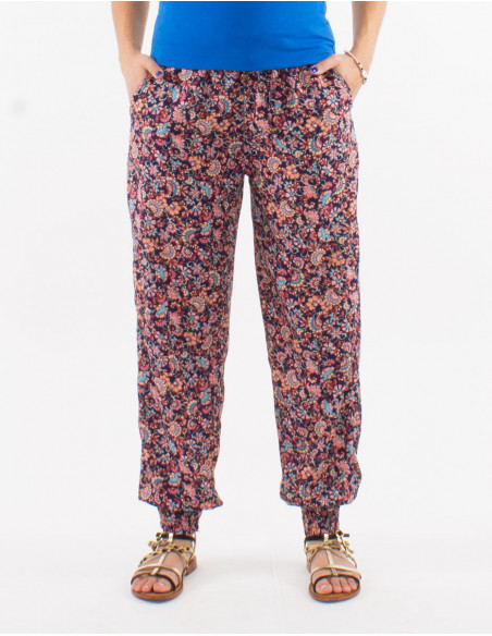 Pantalon polyester ceinture élastique bas smocké imprimé floral