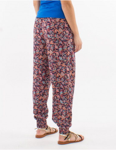 Pantalon polyester ceinture élastique bas smocké imprimé floral