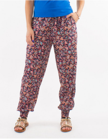 Pantalon polyester ceinture élastique bas smocké imprimé floral