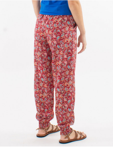 Pantalon polyester ceinture élastique bas smocké imprimé floral