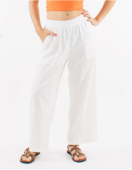 Pantalon large 54% lin 46% viscose avec poches