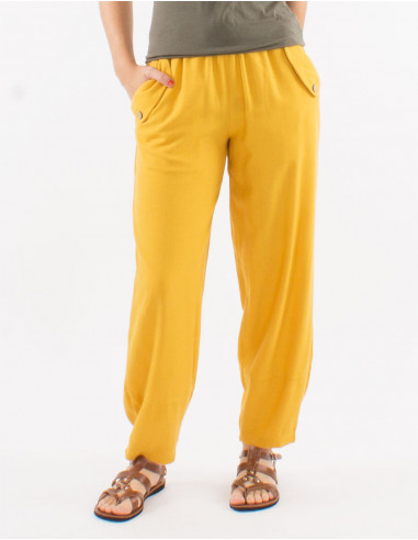 Pantalon 70% viscose 30% lin uni ceinture élastique