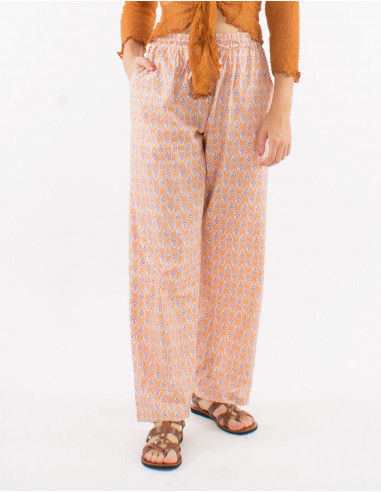 Cotton straight cut pants with elastic belt and "lucknow" print