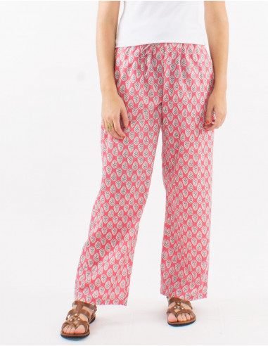 Cotton straight cut pants with elastic belt and "lucknow" print