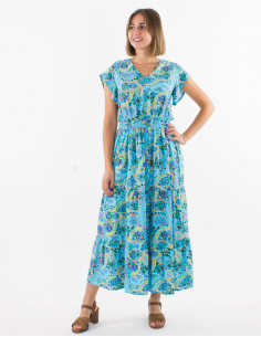 Long viscose smocked belt dress with short sleeves and "istanbul" print