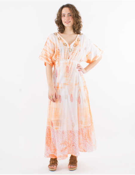 Long cotton voile tie and dye lining dress with beads and short sleeves