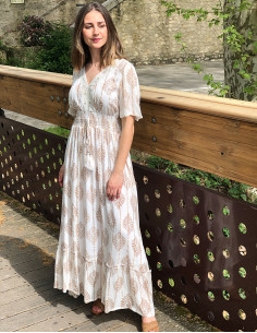 Long 95% viscose crepe 5% metallised yarn v-neck dress with cotton lining and short sleeves