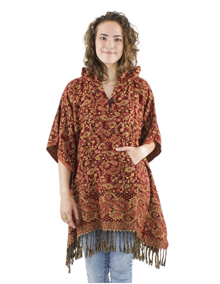 Poncho acrylique carré franges Jacquart motif cachemire avec capuche