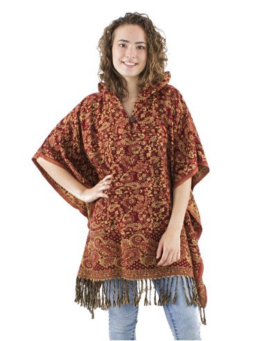 Poncho acrylique carré franges Jacquart motif cachemire avec capuche