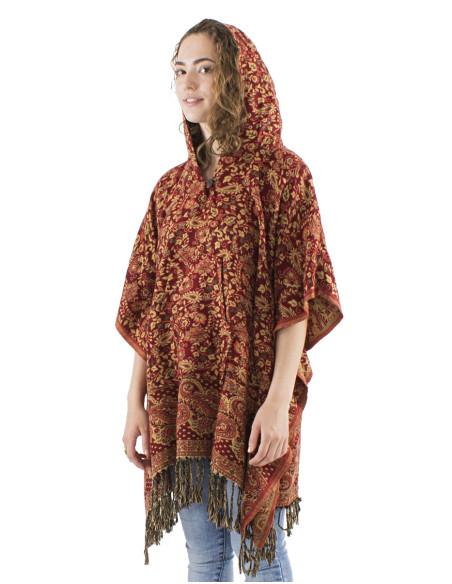 Poncho acrylique carré franges Jacquart motif cachemire avec capuche