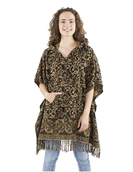 Poncho acrylique carré franges Jacquart motif cachemire avec capuche
