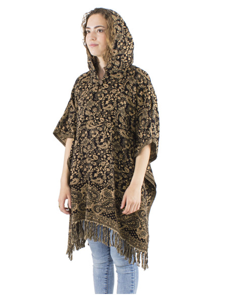 Poncho acrylique carré franges Jacquart motif cachemire avec capuche