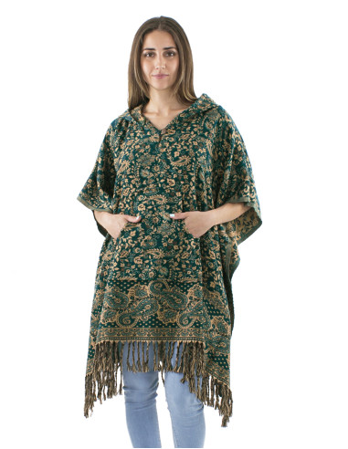 Poncho acrylique carré franges Jacquart motif cachemire avec capuche