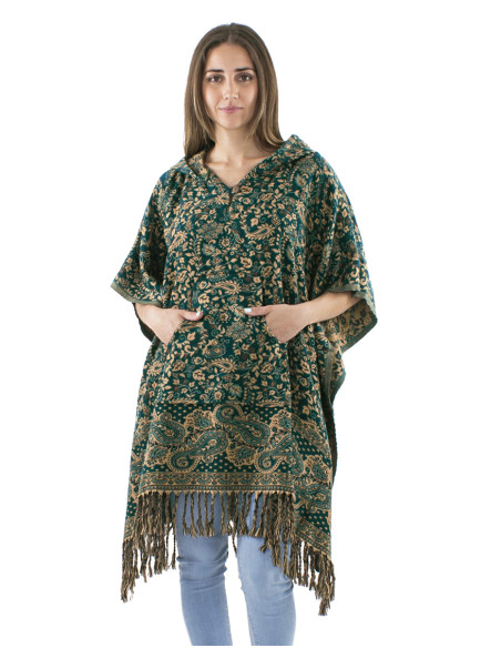 Poncho acrylique carré franges Jacquart motif cachemire avec capuche