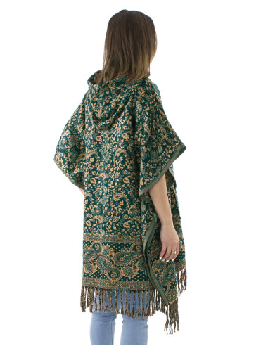 Poncho acrylique carré franges Jacquart motif cachemire avec capuche