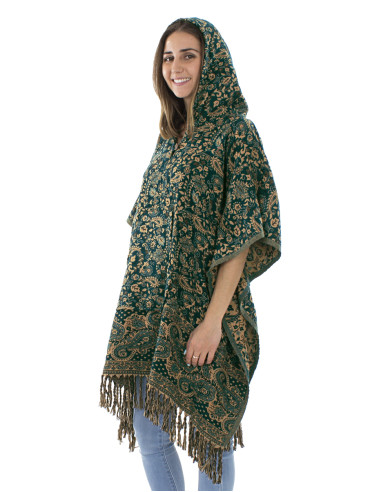 Poncho acrylique carré franges Jacquart motif cachemire avec capuche