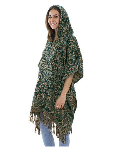 Poncho acrylique carré franges Jacquart motif cachemire avec capuche
