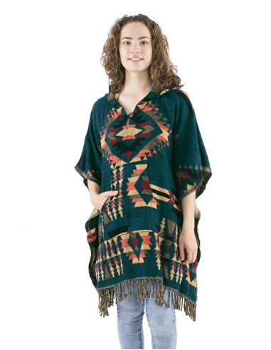 Poncho acrylique carré franges Jacquart géométrique avec capuche