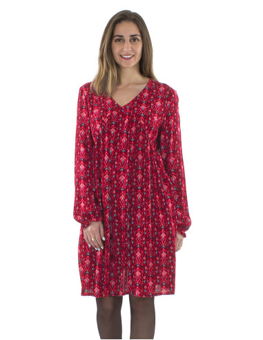 Viscose crepe fushia tunic with long sleeves and Ikat print