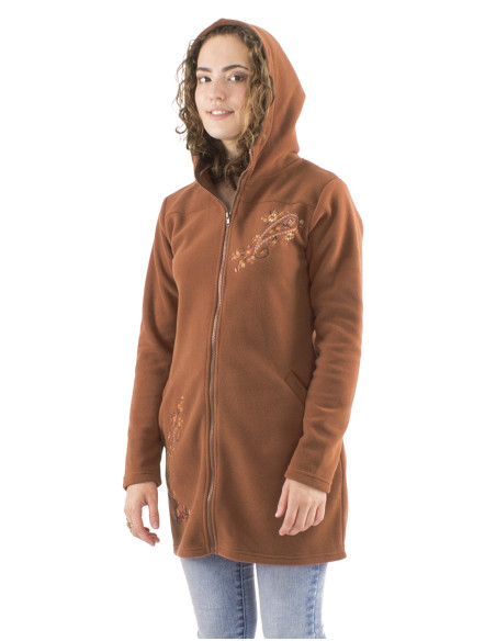 Veste longue maille polyester polaire avec capuche broderie fleurs