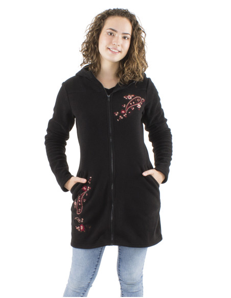 Veste longue maille polyester polaire avec capuche broderie fleurs