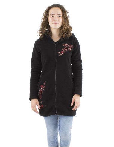 Veste longue maille polyester polaire avec capuche broderie fleurs