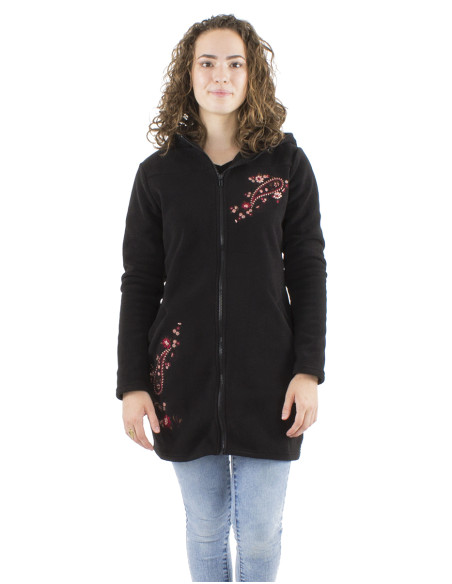 Veste longue maille polyester polaire avec capuche broderie fleurs