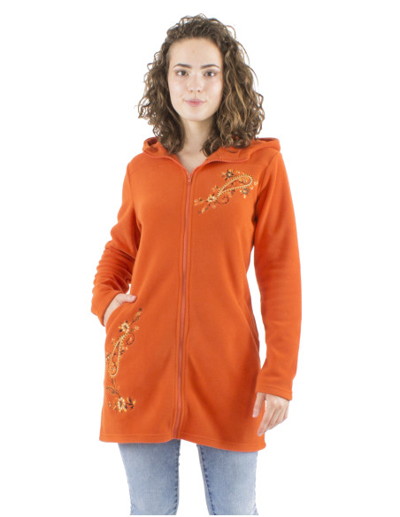 Veste longue maille polyester polaire avec capuche broderie fleurs