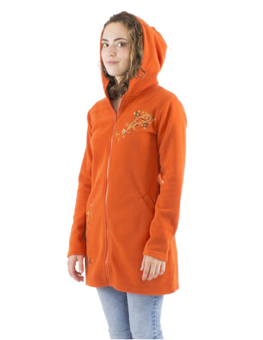 Veste longue maille polyester polaire avec capuche broderie fleurs