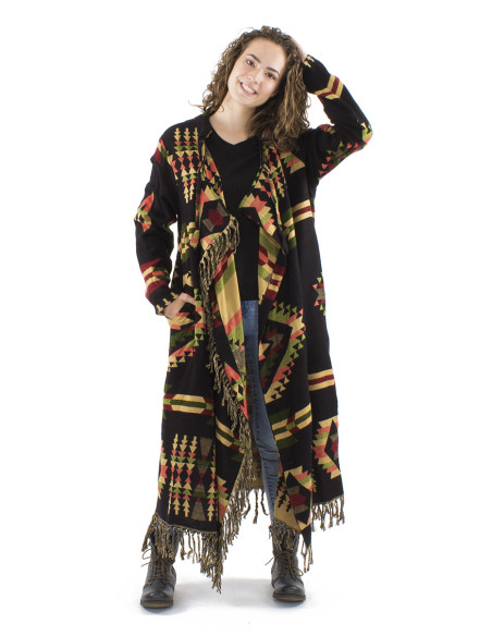 Manteau acrylique carré franges Jacquart géométrique