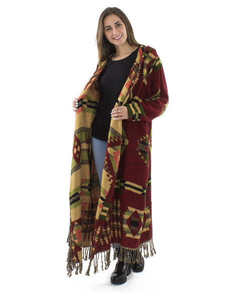 Manteau acrylique carré franges Jacquart géométrique