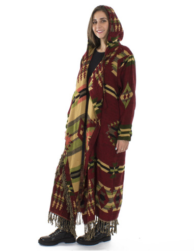 Manteau acrylique carré franges Jacquart géométrique