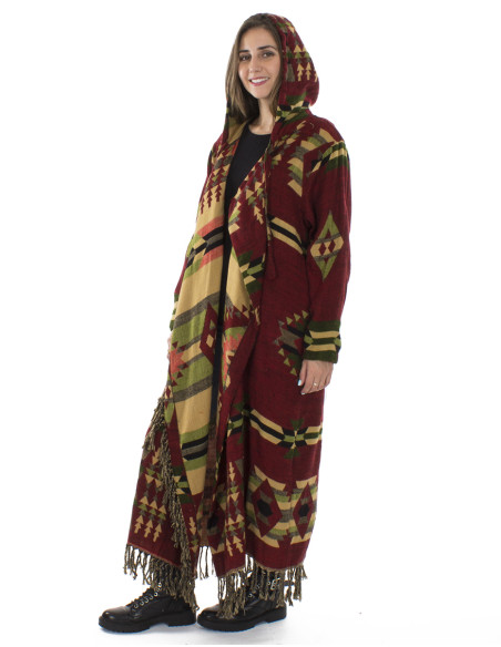 Manteau acrylique carré franges Jacquart géométrique