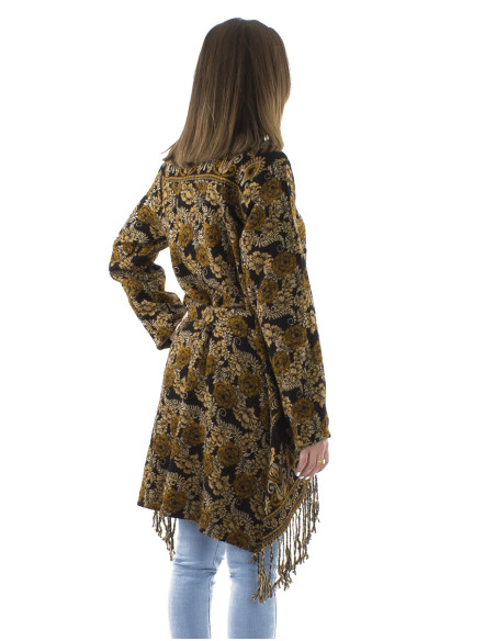 Acrylic breasted and fringed Jacquart jacket with roses