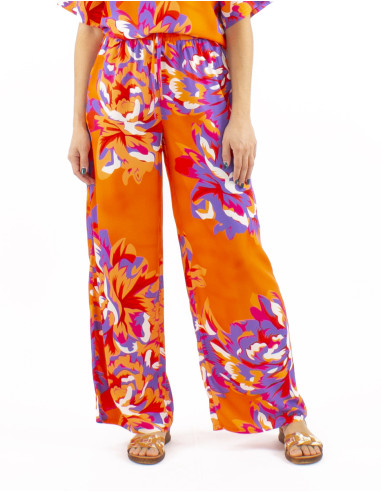 Viscose pants with large elastic belt and Camelia print