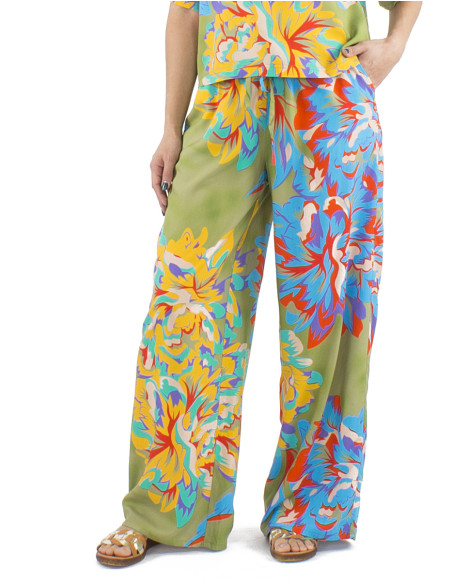 Viscose pants with large elastic belt and Camelia print