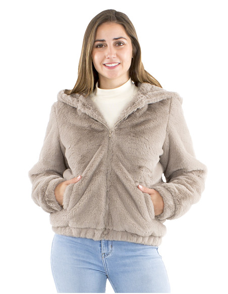 Veste polyester zip et capuche fourrure polyester