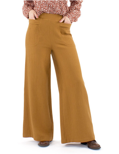 Pantalon coton uni poches 1/2 ceinture élastiquée