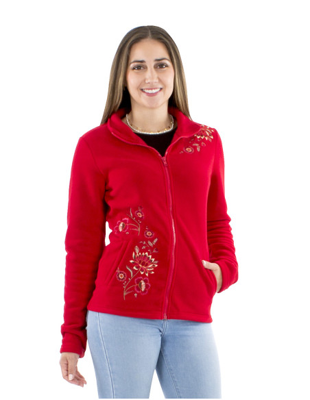 Veste maille polyester polaire à col broderies fleurs