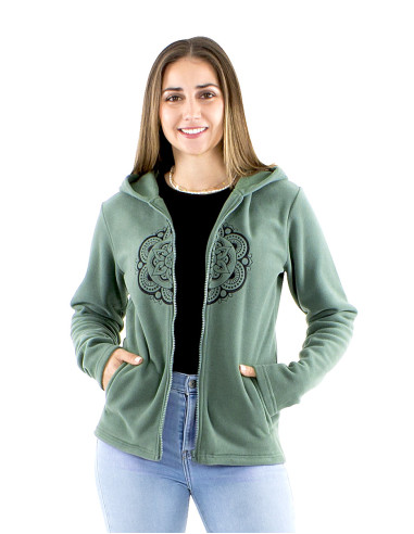 Veste maille polyester polaire capuche brodée Mandala