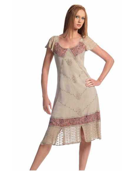 Embroidered viscose dress with short sleeves and coloured collar SW